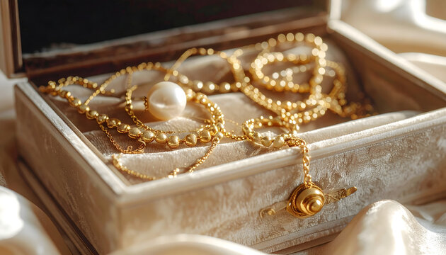 Jewelry box lined with velvet containing gold necklaces rings and a pearl earring under soft feminine light on a vanity generative AI