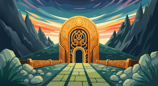 Epic Fantasy Gateway Vector Illustration with Majestic Mountains and Ancient Rune Entrance, a0