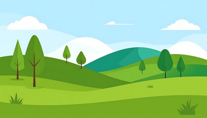 Obraz premium A serene green landscape with rolling hills and trees under a blue sky