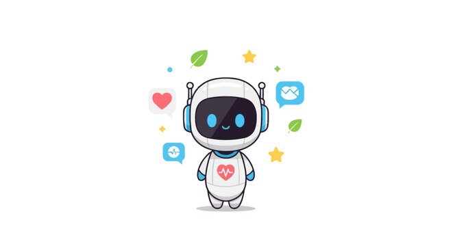 Vector illustration of a friendly chibi robot character representing a mental health or medical AI assistant, surrounded by icons of hearts, pulse signals, and nature leaves.