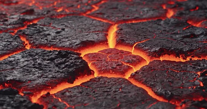 Glowing molten lava flowing between cracks in volcanic ground surface