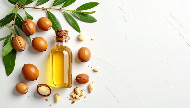 Clean white banner background with argan nuts, seeds, bottles of oil and natural green glitter accents.