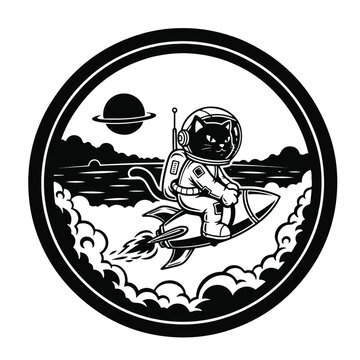 Cat Astronaut Riding Rocket Surfboard Space.