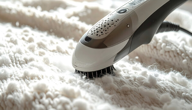 Handheld electric lint shaver removing pills from a wool blanket showing a smooth patch against fuzzy texture in bright focused light generative AI