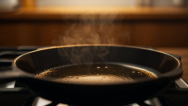 Hot Oil in a Black Skillet with Steam Rising in a Kitchen Setting