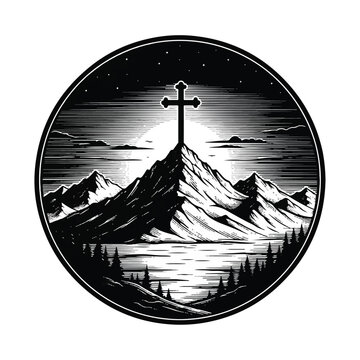 Cross on mountain peak symbol.