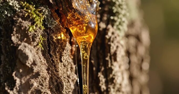 Amber tree resin dripping down a textured bark surface in sunlight