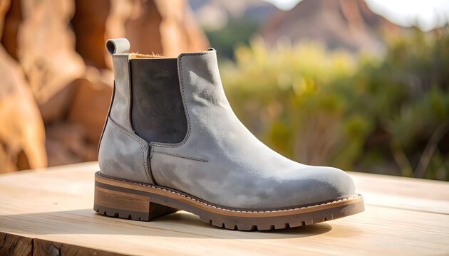 Desert boot made of thick grey suede with raw unfinished edges standing on a minimalist wooden stand in morning light generative AI