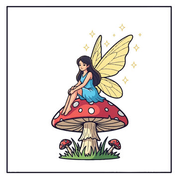 Fairy sitting on mushroom cap outdoors.