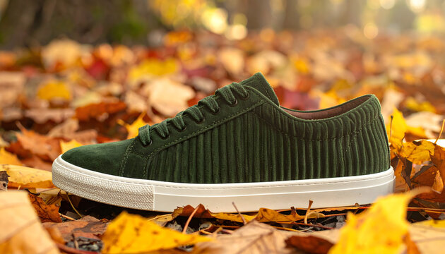 Low top sneaker made of forest green corduroy on autumn leaves with distinct ribbed texture and warm nostalgic studio lighting generative AI