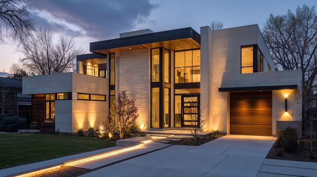 real. Contemporary house facade with clean architectural lines illuminated by warm exterior lighting at dusk. real-estate listings.