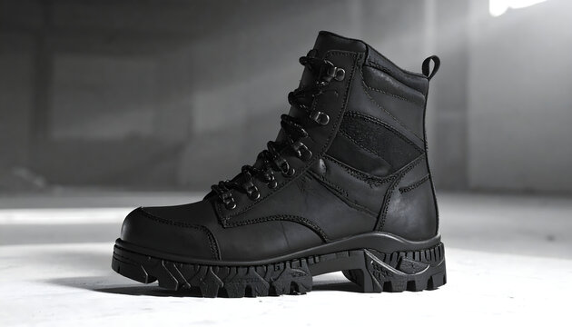 Tactical boot made of matte black leather and nylon in a warehouse featuring speed lacing hardware and a rugged rubber tread generative AI