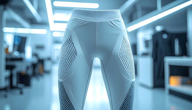 Trousers made of bonded tech knit fabric with laser cut hexagonal patterns displayed in a bright tech lab with futuristic lighting generative AI
