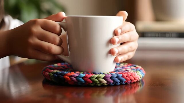Manos infantiles colocando una taza de caf&eacute; humeante sobre un posavasos artesanal colorido. Concepto de regalo para el D&iacute;a de la Madre y calidez hogare&ntilde;a en plano detalle.