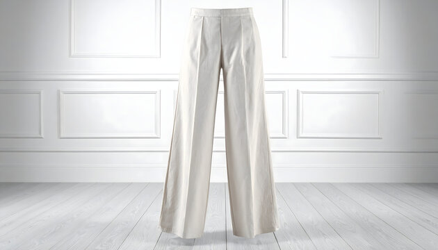 Wide leg trousers made of raw silk in cream standing on a polished wooden floor under sharp studio lighting conditions generative AI