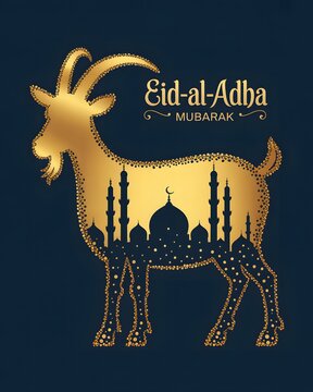 Golden goat silhouette with mosque architecture inside for eid al adha celebration greeting card
