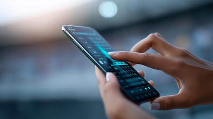 Naklejka premium Close-up of a hand tapping a live score app on a smartphone in a stadium, mobile football concept, digital sports media, live match technology, defocused background, with copy