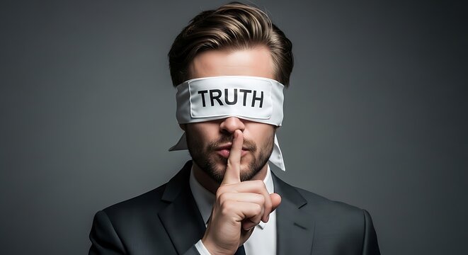 Man with blindfold labeled TRUTH making a silence gesture.