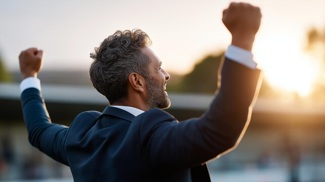 Rear view of a manager celebrating a goal on the touchline with arms raised, emotional victory moment concept, touchline celebration, football leadership joy, defocused