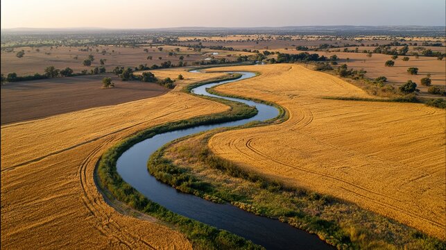 hour. Aerial view of a meandering stream winding through golden wheat fields during golden hour. travel magazines, destination branding, designed for outdoor magazines and nature guides.