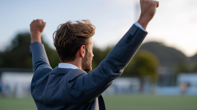 Rear view of a manager celebrating a goal on the touchline with arms raised, emotional victory moment concept, touchline celebration, football leadership joy, defocused