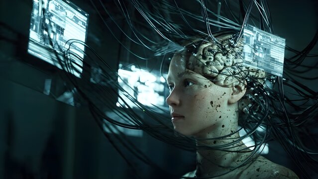 Concept of human mind connected to technology, digital overload and artificial intelligence influence on thoughts in a futuristic environment.