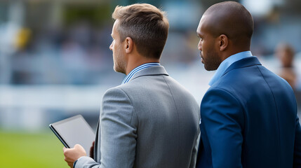 Naklejka premium Rear view of a manager and assistant coach standing side by side at the touchline reviewing a tactical tablet, management duo concept, sports leadership pair, live match analysis,