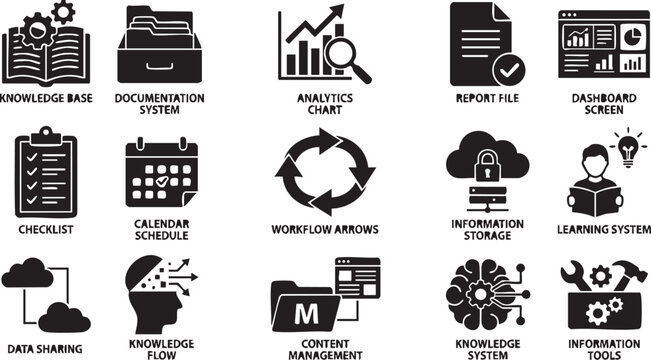 Comprehensive Business Management Vector Icon Set, 15 Black Glyph Icons for Data, Analytics, and Workflow; Essential Digital Information and Knowledge System Graphics for Modern Business