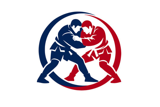 Emblem sambo grappling sign wrestling colors blue red colored silhouetted wrestlers figures uniform. 