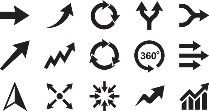 Dynamic black arrow vector icons, a versatile collection of directional symbols, movement indicators, and navigation graphics for modern digital design, web interfaces