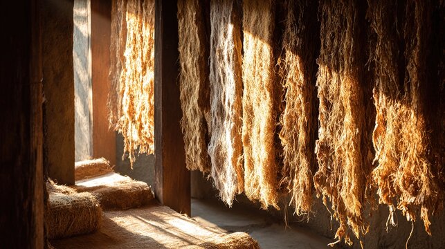 papermaking. Mulberry bark fibers drying in sunlight showing textures. safety posters, maintenance manuals, designed for industrial assembly lines and welding operations, used by operations managers.