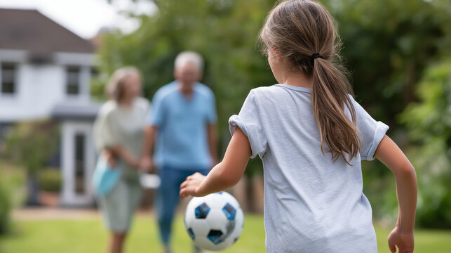 Rear view of a girl playing football with older family members in a backyard, intergenerational sport concept, family football, recreational sport at home, defocused background,
