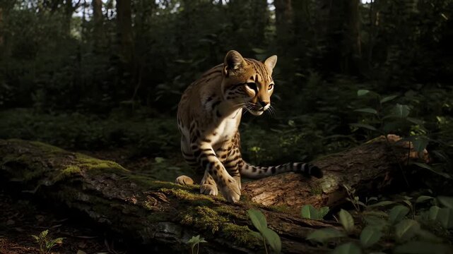 Ocelot Cat Sitting and Moving on Mossy Log in Lush Forest
