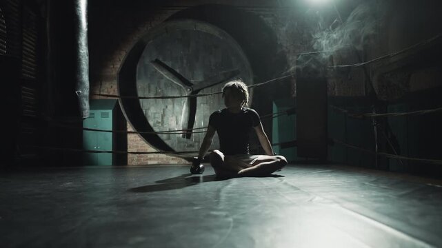 Tired male boxer resting after hard workout, sitting on boxing ring in darkness. Endurance and energy of professional sportsman, restore breath and strength, do sport and health life for keep fit