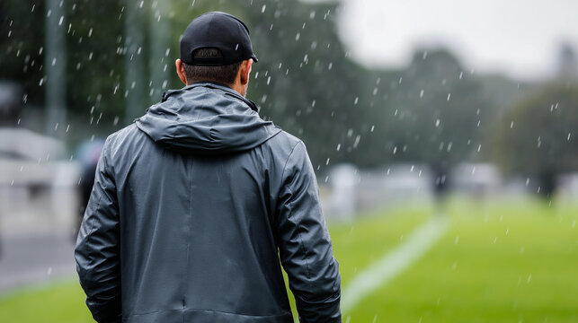Rear view of a manager in a wet suit walking the touchline during a rainy match, adverse weather coaching concept, dedicated sports leadership, match in the rain, defocused