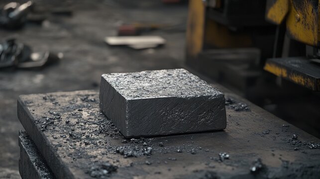 anvil. A solid metal block resting on an anvil in an industrial setting. safety posters, maintenance manuals, designed for precision metalworking and fabrication facilities, supports safety.