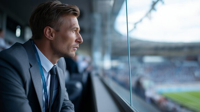Rear view of an executive in a suit watching a match from a VIP box in a stadium, corporate sports box concept, stadium hospitality, business and sport, defocused background, with