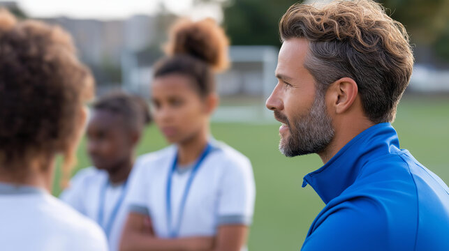 Rear view of a group of players listening to a coach's halftime talk on a pitch sideline, halftime team talk concept, coaching communication, match interval leadership, defocused