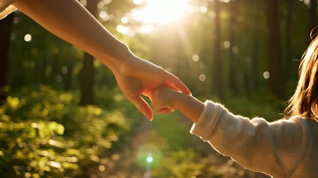 Madre e hijo caminan de la mano en bosque soleado al atardecer, v&iacute;nculo familiar tierno, concepto de crianza y amor, ideal para campa&ntilde;as de maternidad y D&iacute;a de la Madre.