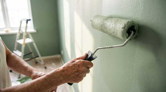 Elder painting wall in new apartment, close-up of hands holding paint roller, fresh paint, soft natural light, DIY home improvement concept