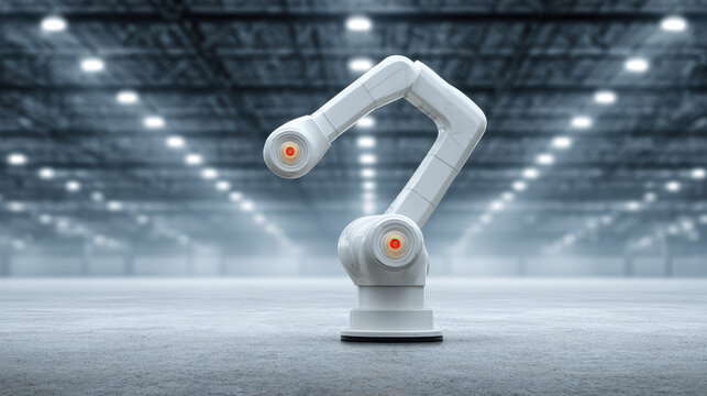 Artificial intelligence large language models LLM inspire advanced robotic arm design in spacious industrial warehouse with bright ceiling lights