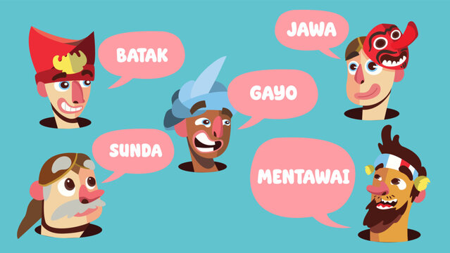Indonesian Ethnic Characters Cartoon with Speech Bubbles Representing Cultural Diversity