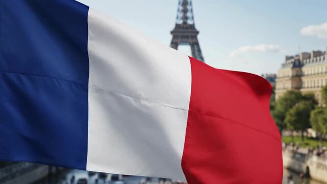 French flag waving with eiffel tower and paris buildings in background france cityscape architecture iconic landmark
