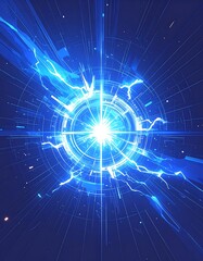 Fototapeta premium A bright blue light with radiating lines and sparks in darkness