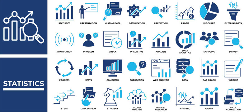 
Statistics icon set collection. Containing statistics, analyze, question, info, inspection, profit, performance .Solid vector icons collection