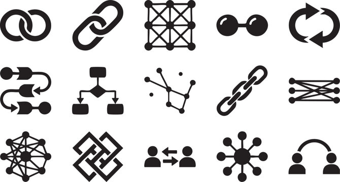 Collection of abstract connection and network icons on transparent background for technology and design.