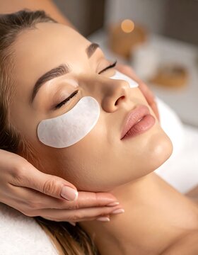 A woman receives a facial treatment with patches under her eyes