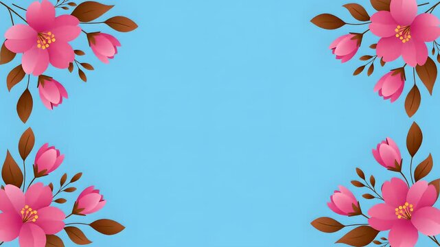 Marco floral de flores rosadas animadas floreciendo sobre fondo azul para el D&iacute;a de la Madre, dise&ntilde;o bot&aacute;nico para mensajes de felicitaci&oacute;n, publicidad y contenido festivo.