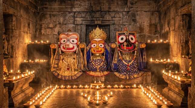 Lord Jagannath, Balabhadra, Subhadra Idols in Temple, Traditional Indian Worship