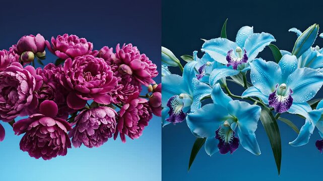 Peon&iacute;as magenta y orqu&iacute;deas azules con gotas de roc&iacute;o sobre fondo azul, composici&oacute;n floral elegante para el D&iacute;a de la Madre, promociones de florer&iacute;as y fondos rom&aacute;nticos.